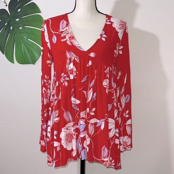 Free People Bella Red Floral Print Tunic Mini Dress Sz.  XS - Picture 8 of 15